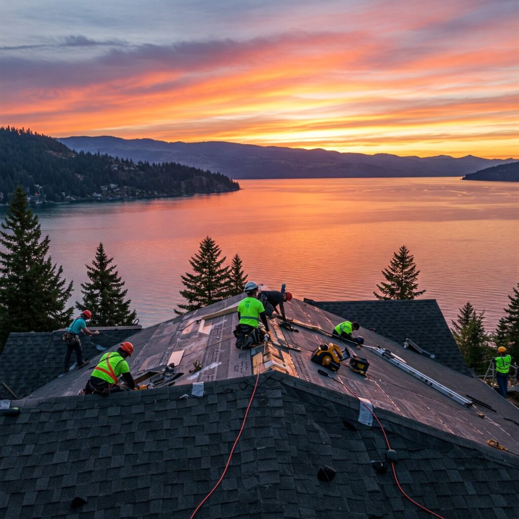Roofing contractors installing asphalt shingles in Coeur d’Alene, Idaho during sunset near Lake CDA